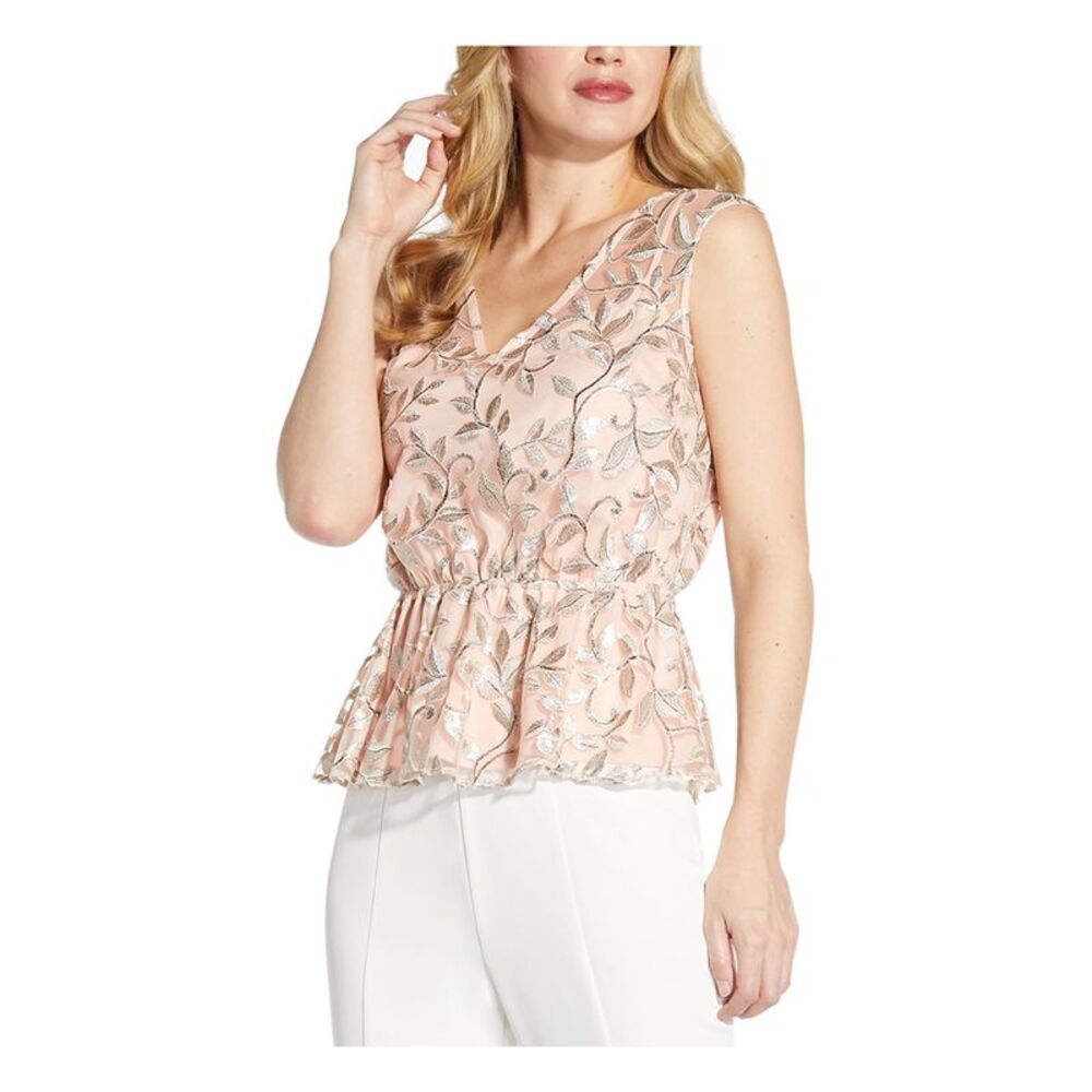 ADRIANNA PAPELL Womens Pink Sheer Lined Sleeveless V Neck Party Peplum Top 8